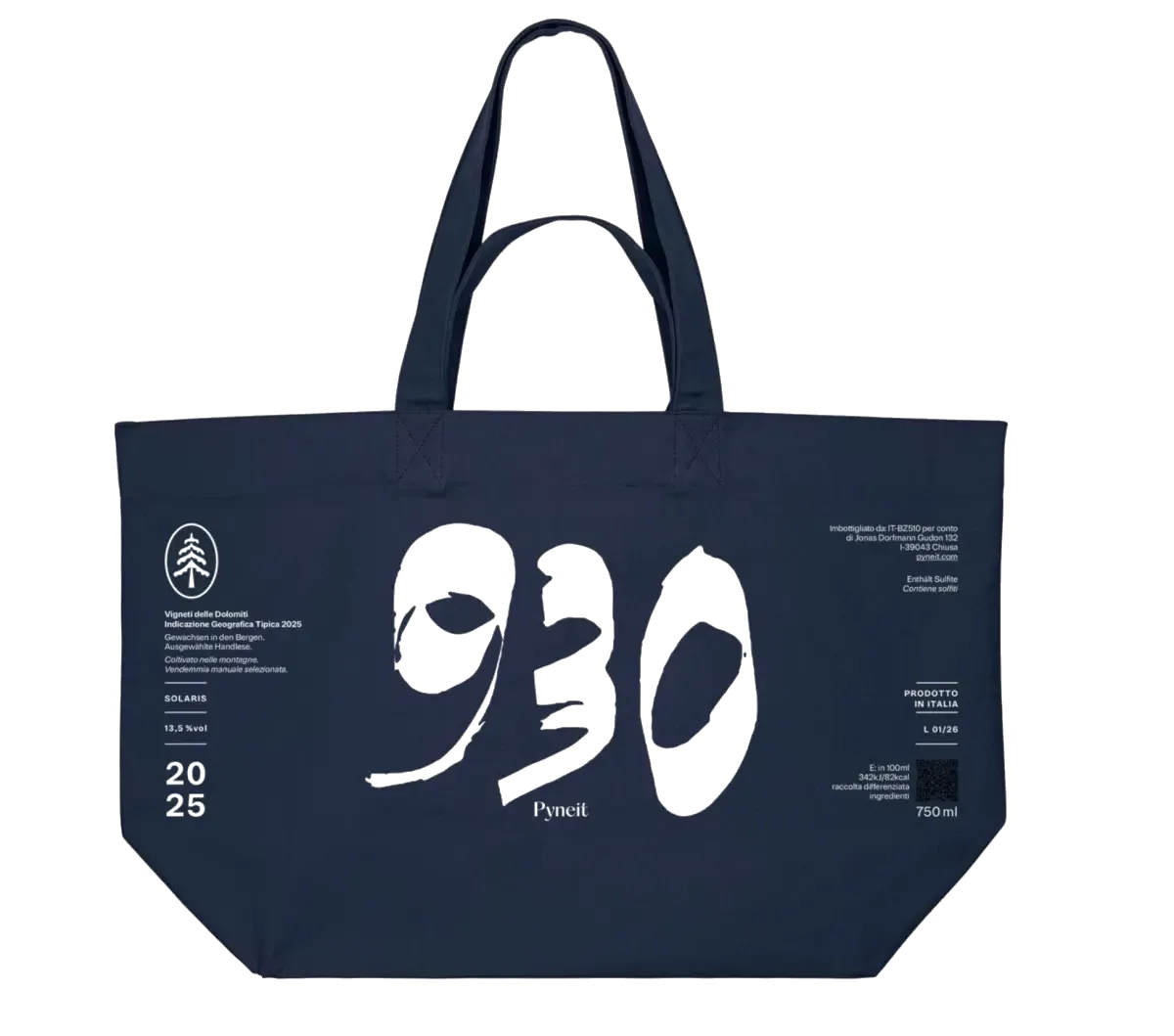 930 Pyneit Tasche – Dunkelblaue Stofftasche mit Weinlabel-Design