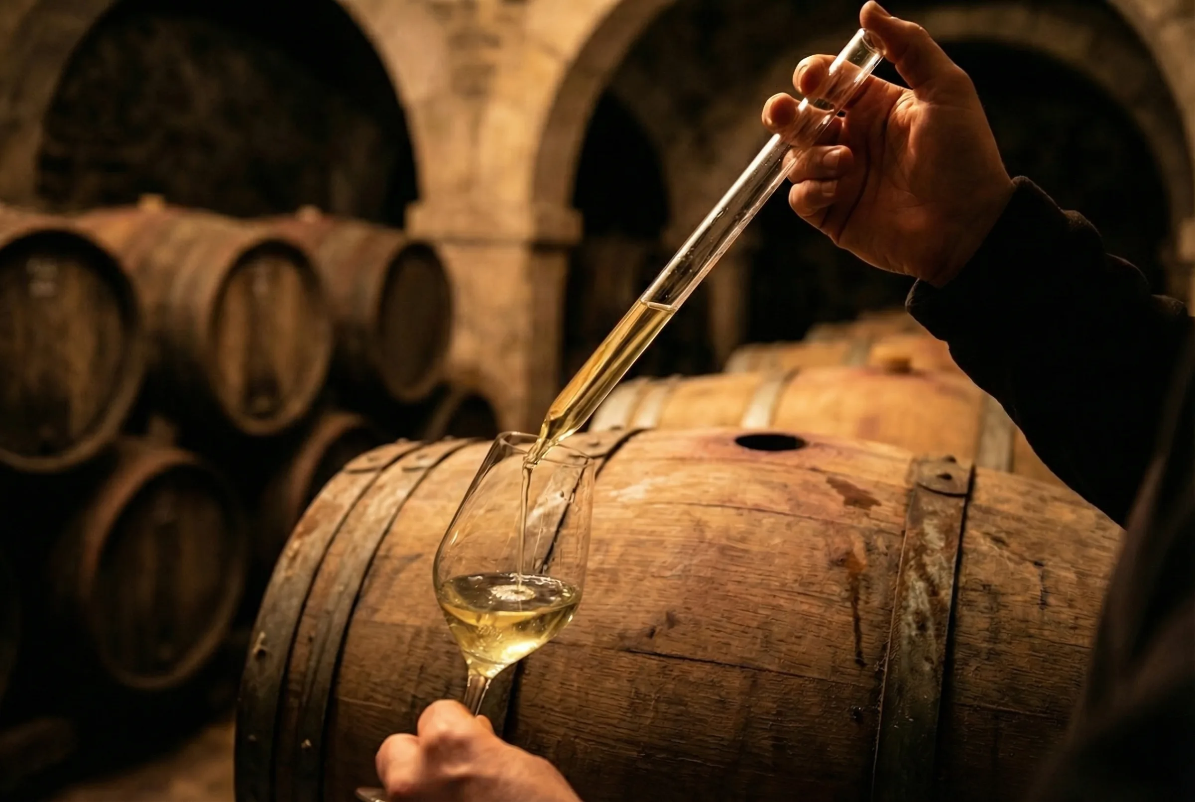 Wein wird aus dem Barrique-Fass gezogen