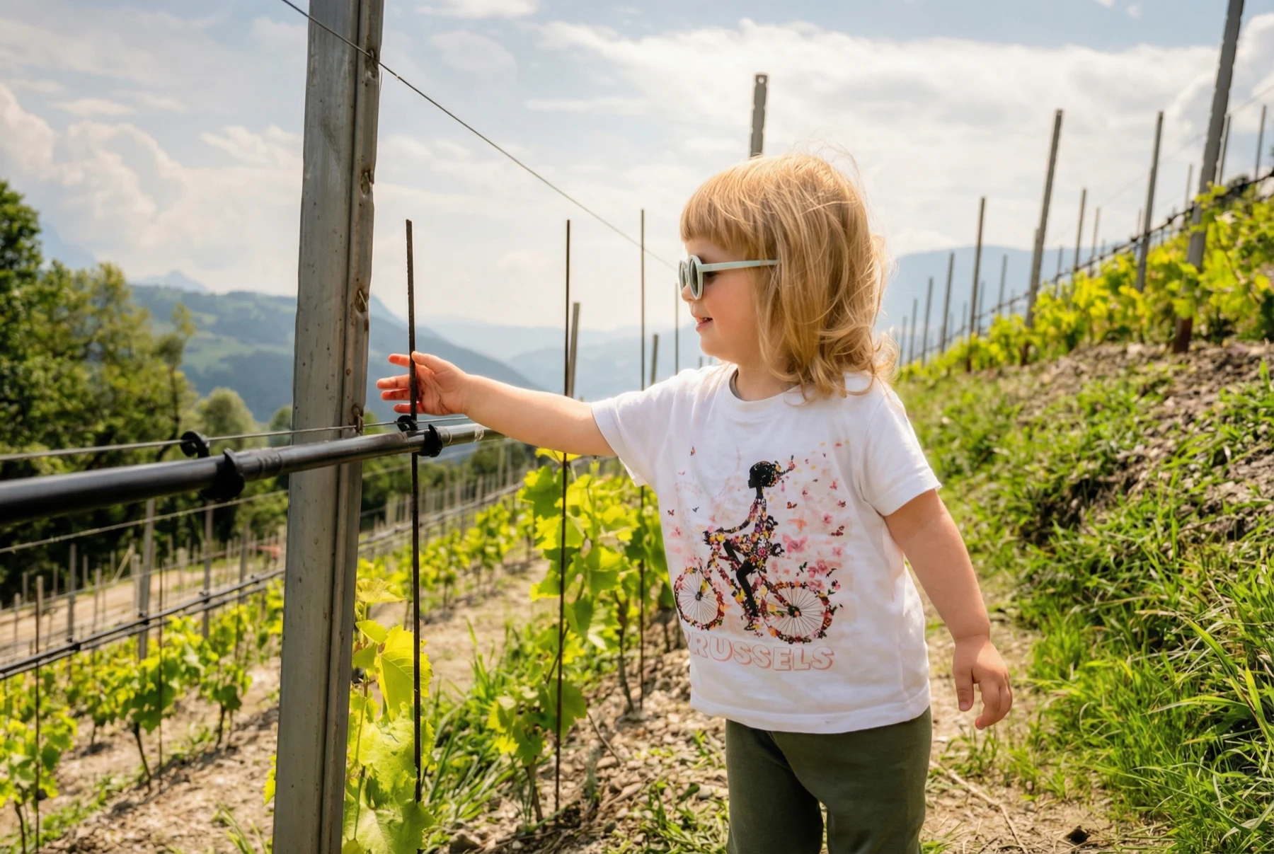 Kind erkundet den Weinberg im Frühling