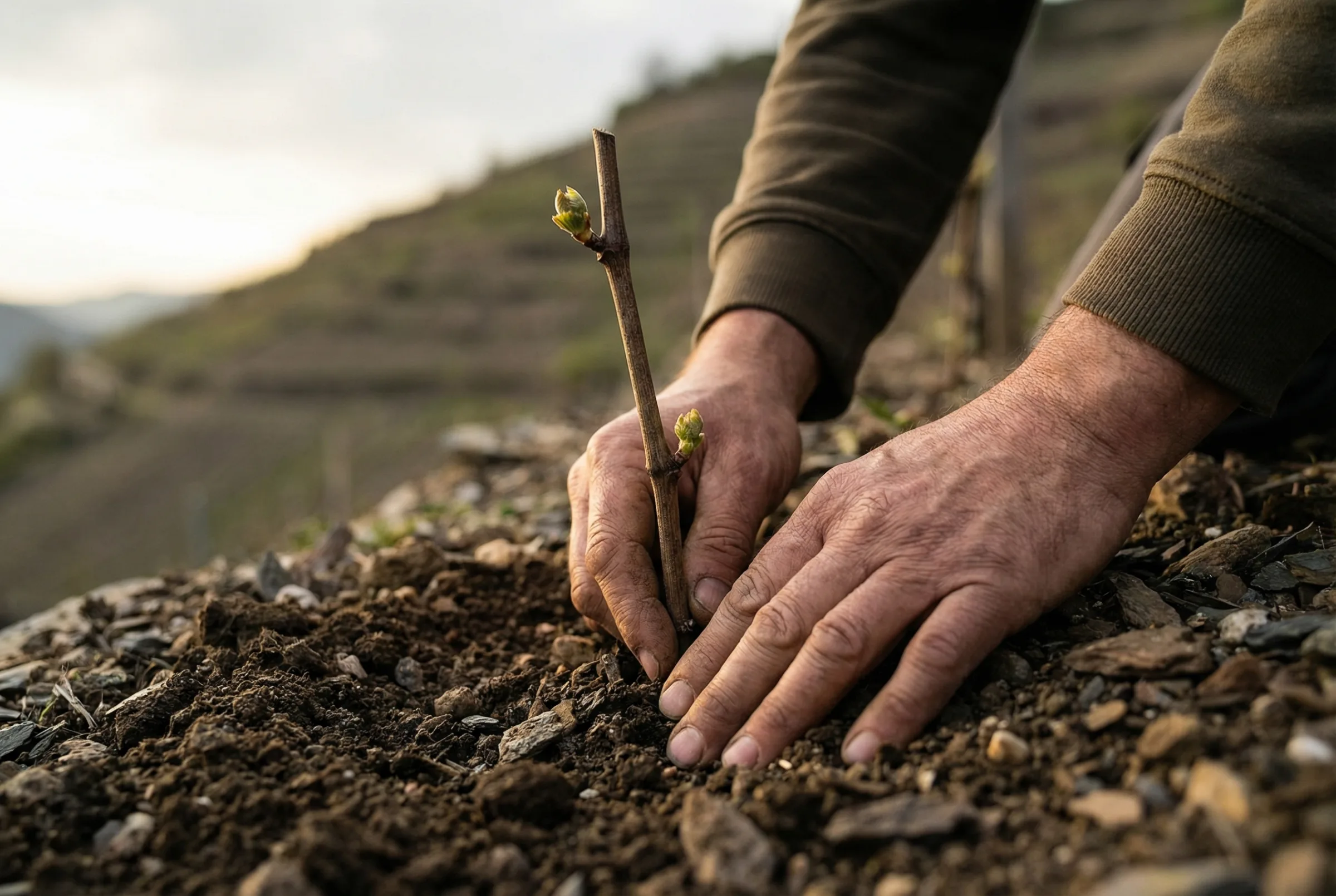Winzer pflanzt Rebsteckling am Hang