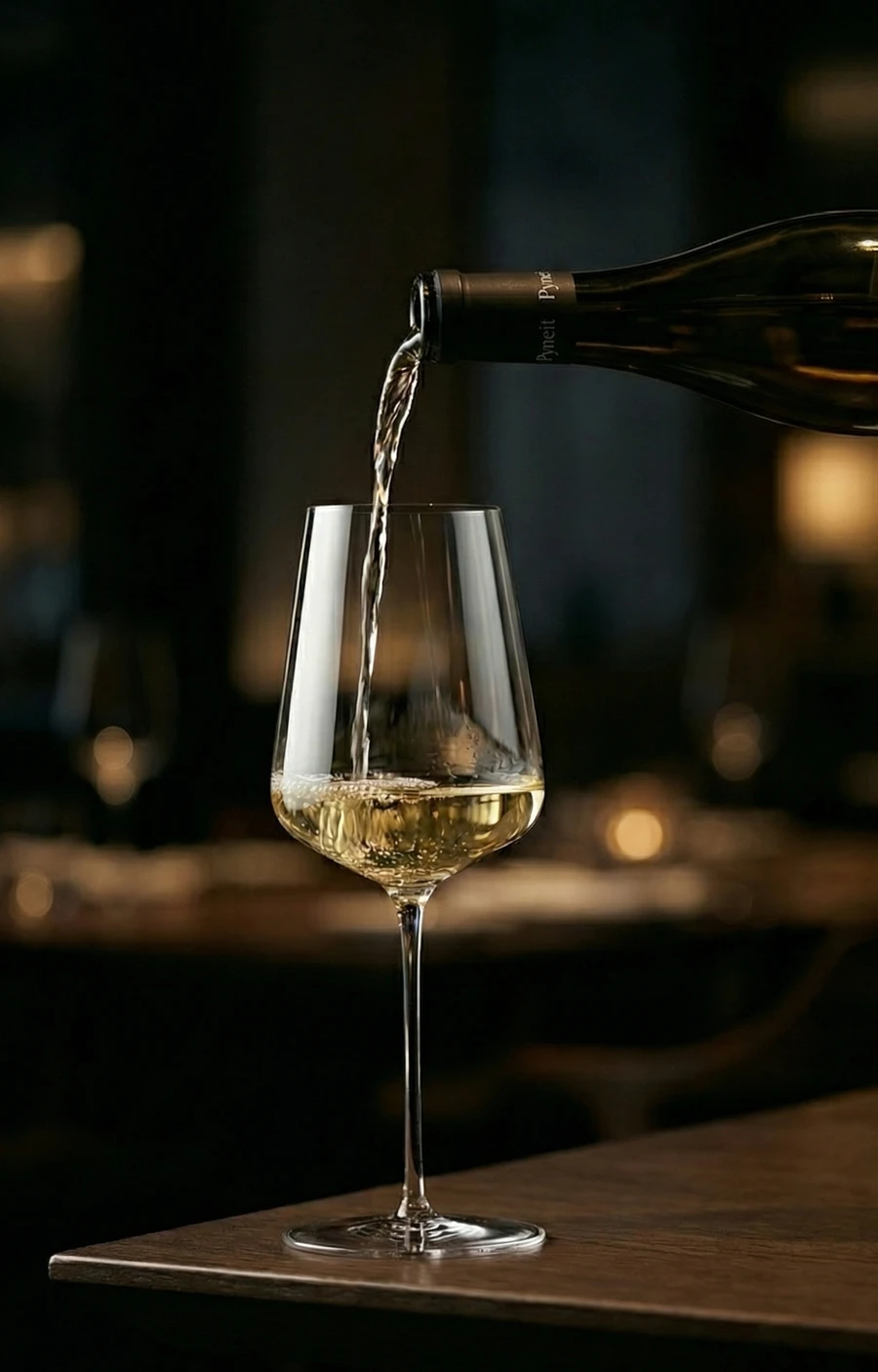 Pyneit Weißwein wird ins Glas gegossen