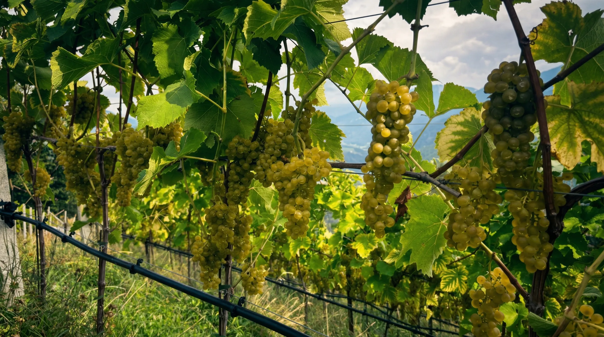 Reife Solaris-Trauben am Rebstock mit Bergblick